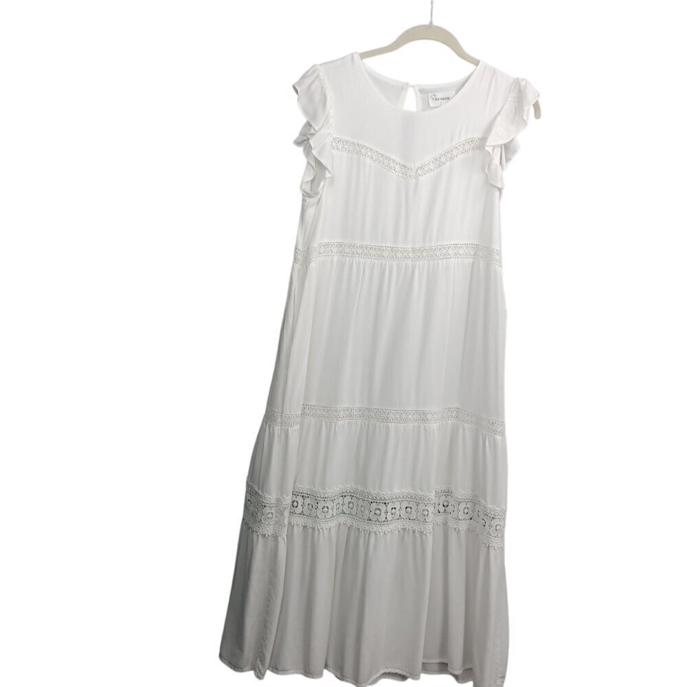 HEYSON Women's Contrast Lace A-Line Midi Dress White Size S Ruffle Pockets Boho